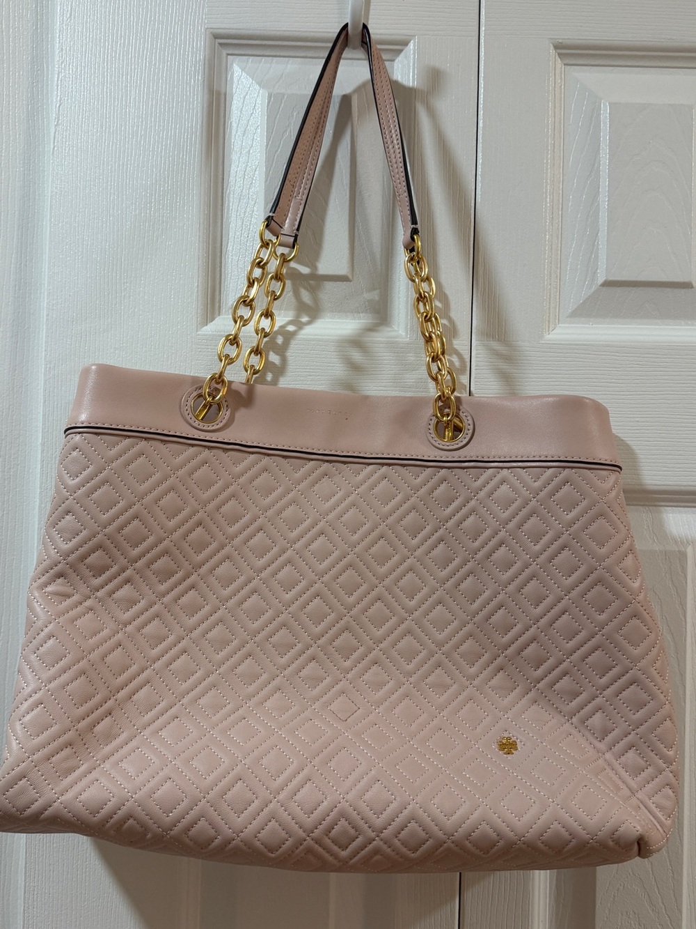 Tory Burch Quilted Tote in Blush Pink with Gold Chain Handles
